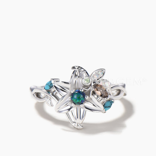 Round Cut Black Opal Floral Wedding Ring Quartz Turquoise Bee Twisted Ring