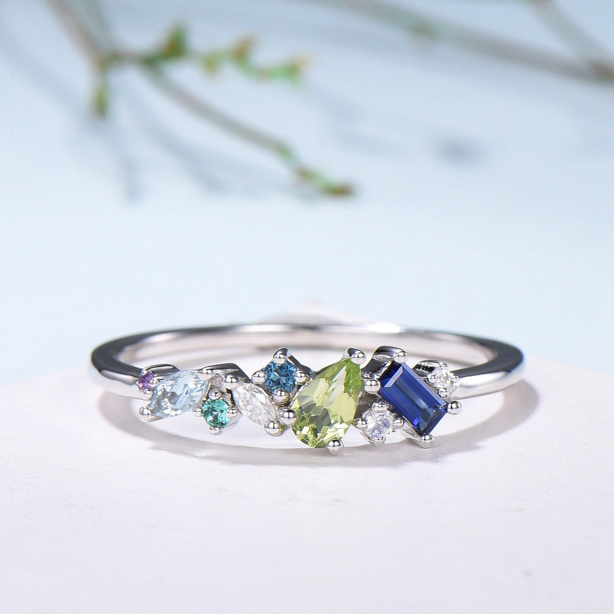 Multi-Gemstone Cluster Wedding Ring | Peridot, Amethyst, Topaz, Sapphire & Aquamarine