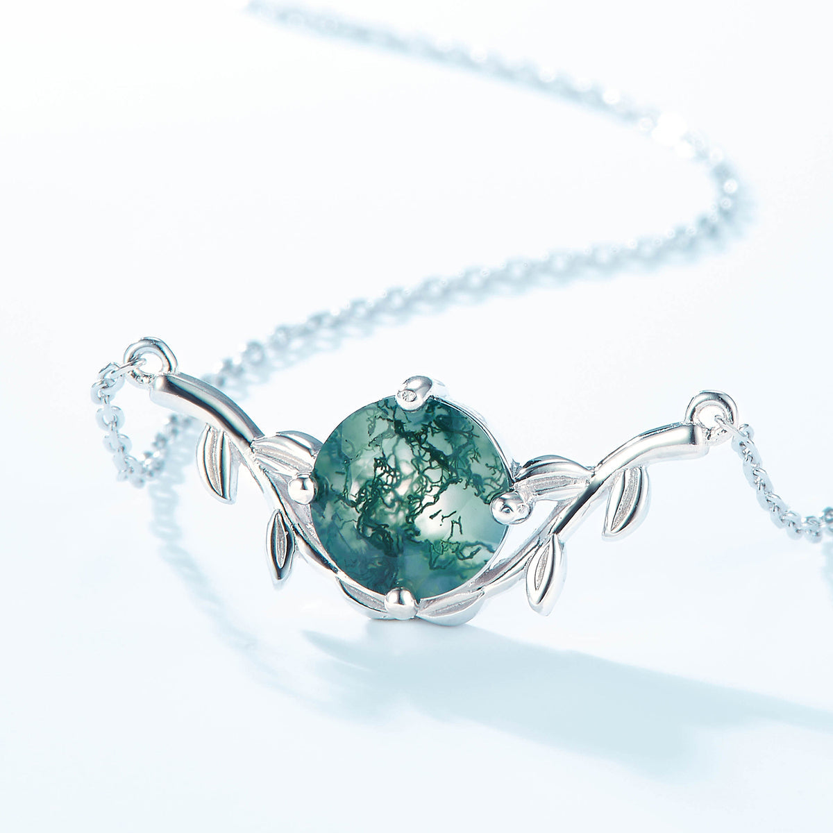 8mm Round Cut Nature Inspired Moss Agate Necklace Leaf Vine Jewelry
