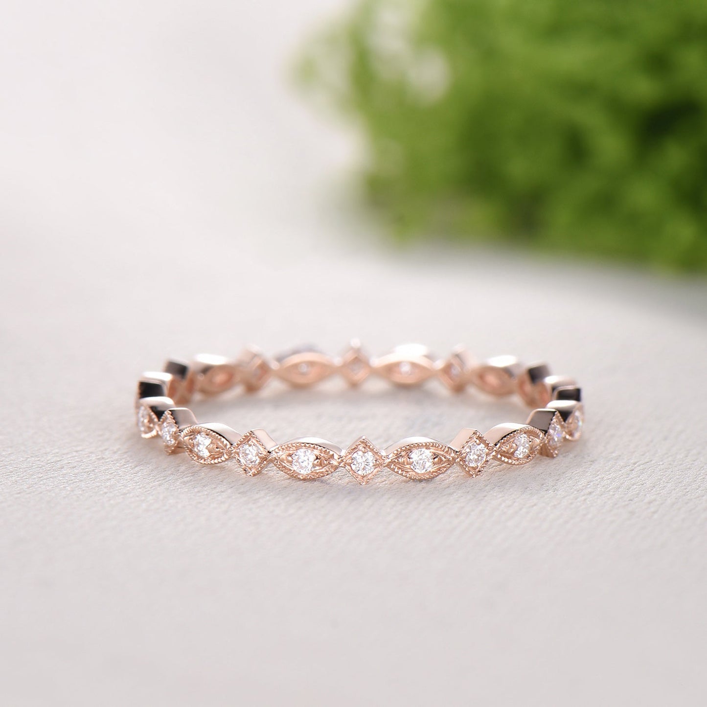 Art Deco Moissanite Diamond Wedding Band, Milgrain Stacking Ring, Vintage Anniversary Gift