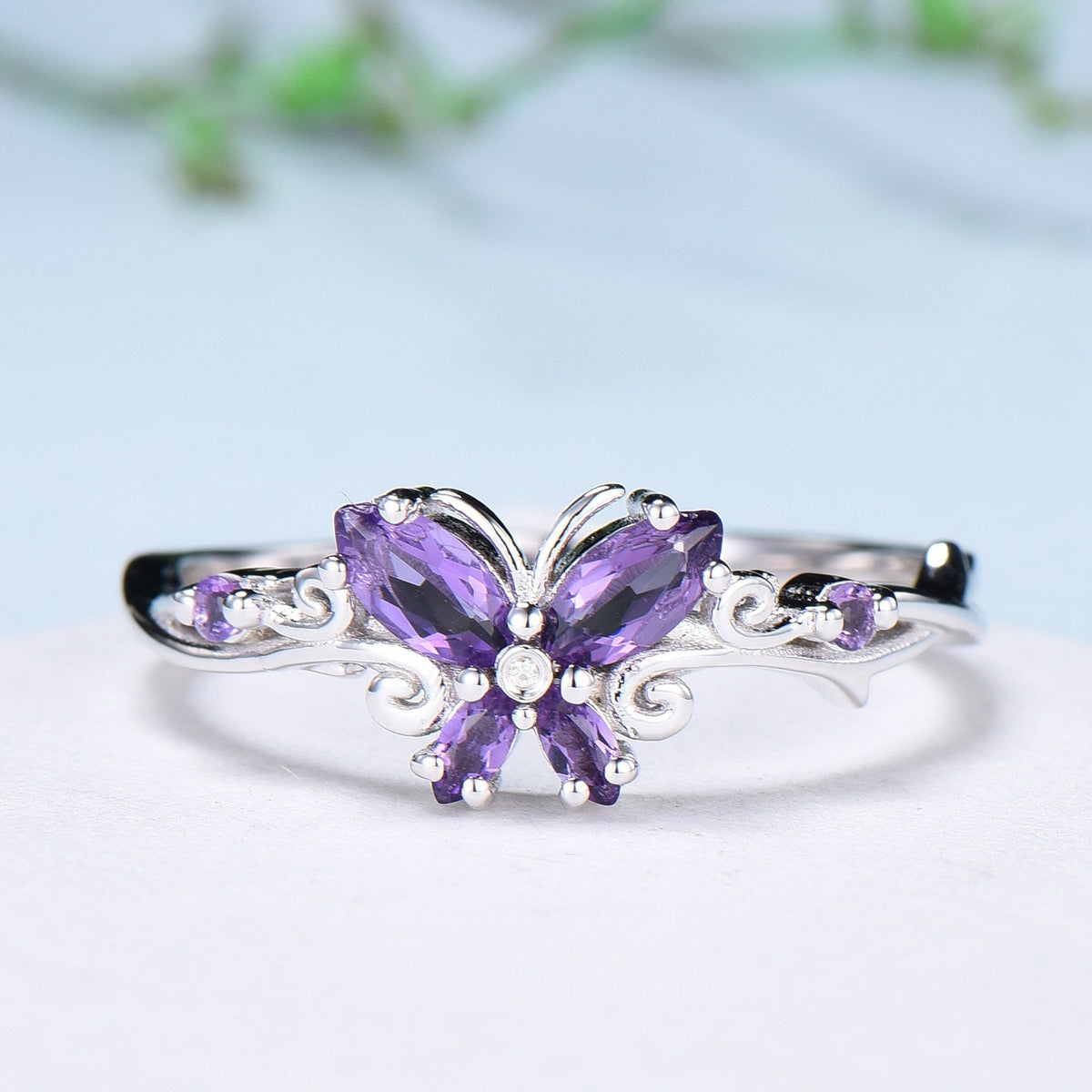 Unique Butterfly wedding ring vintage marquise amethyst engagement ring purple crystal silver white gold custom anniversary gift  for women