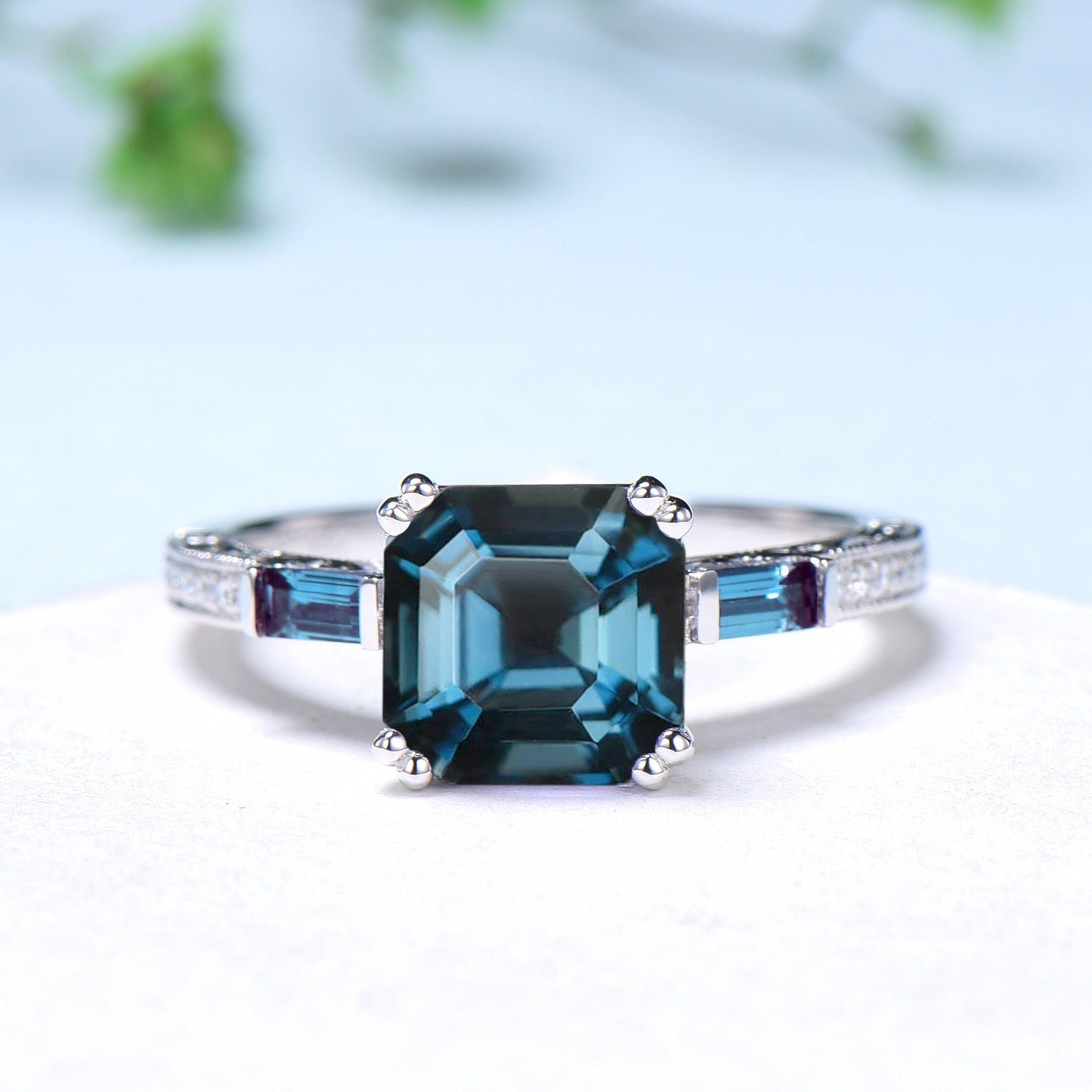 Unique asscher cut alexandrite engagement ring, hidden halo basket setting, 3 stone baguette color change June birthstone anniversary ring