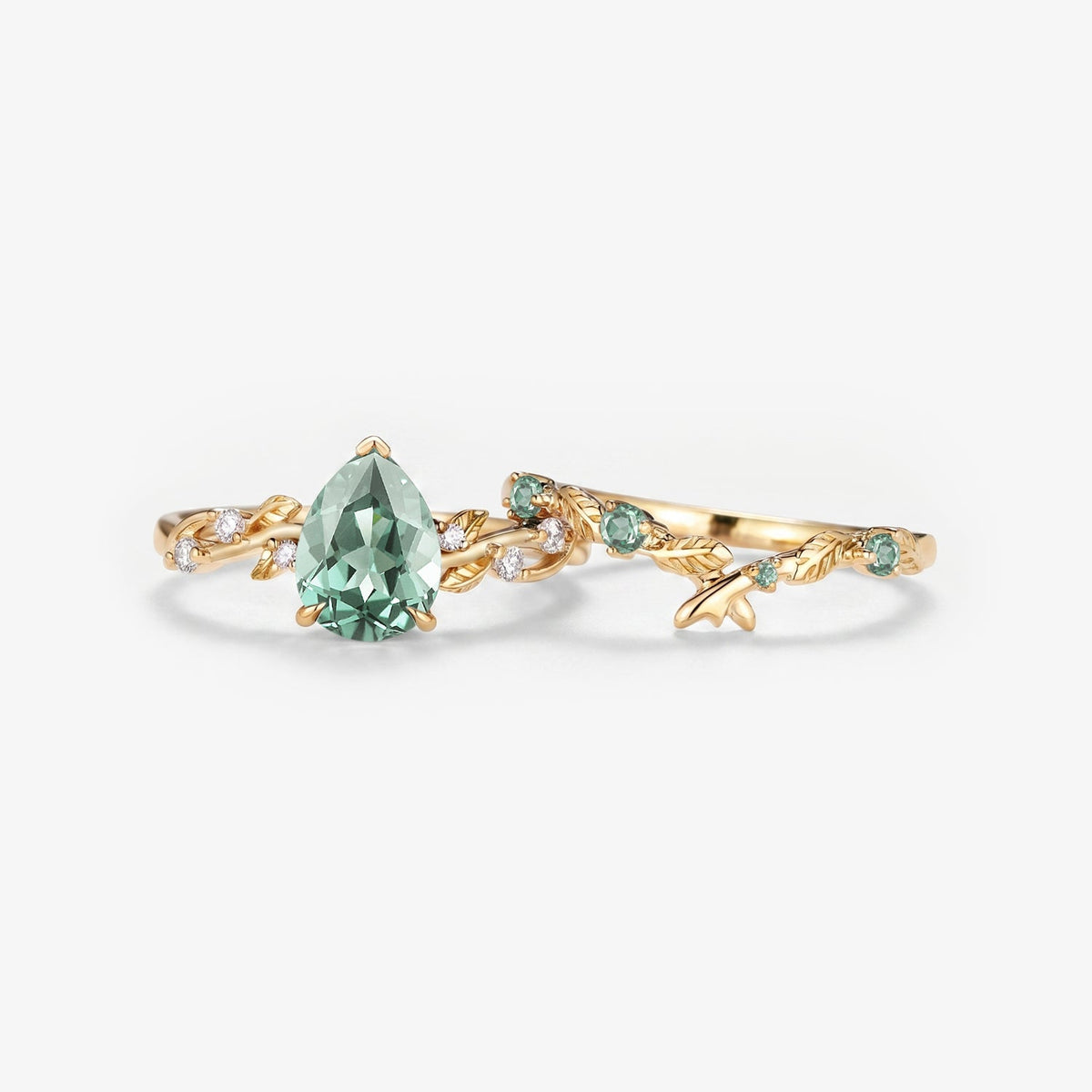 Pear Cut Lab Green Sapphire Leaf Vintage Engagement Ring Sets - Flora