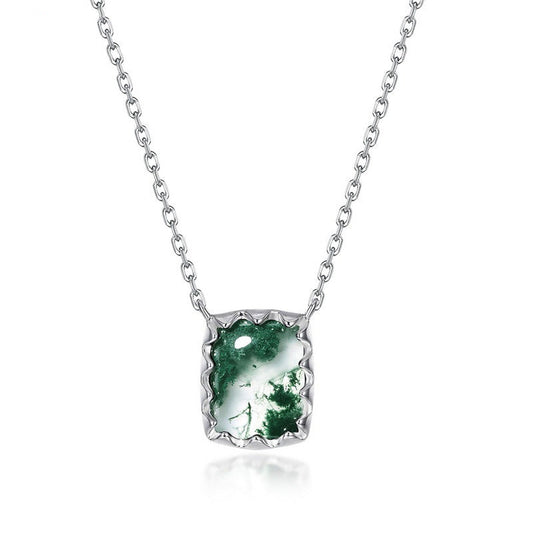 Secret Garden 7x9mm Emerald Cut Moss Agate Pendant Necklace