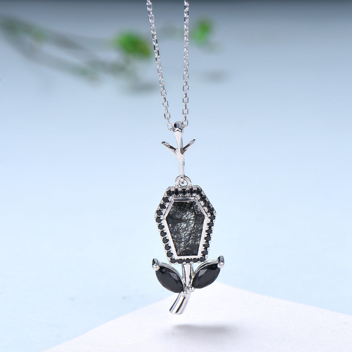 Vintage Coffin black rutilated quartz pendant necklace solid 14k 18k rose gold halo black spinel Personalized anniversary Halloween Jewelry
