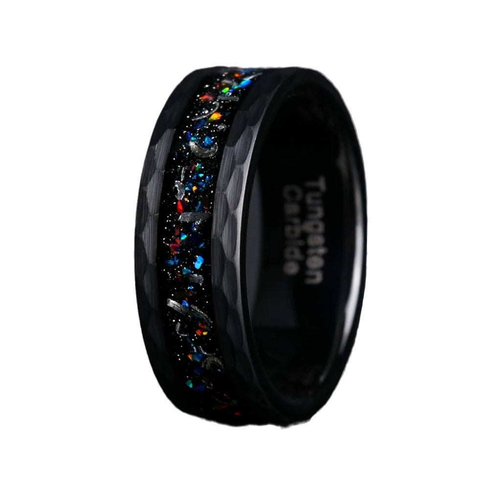 8mm tungsten men's wedding band steel hammered black ring inlaid with colored opal