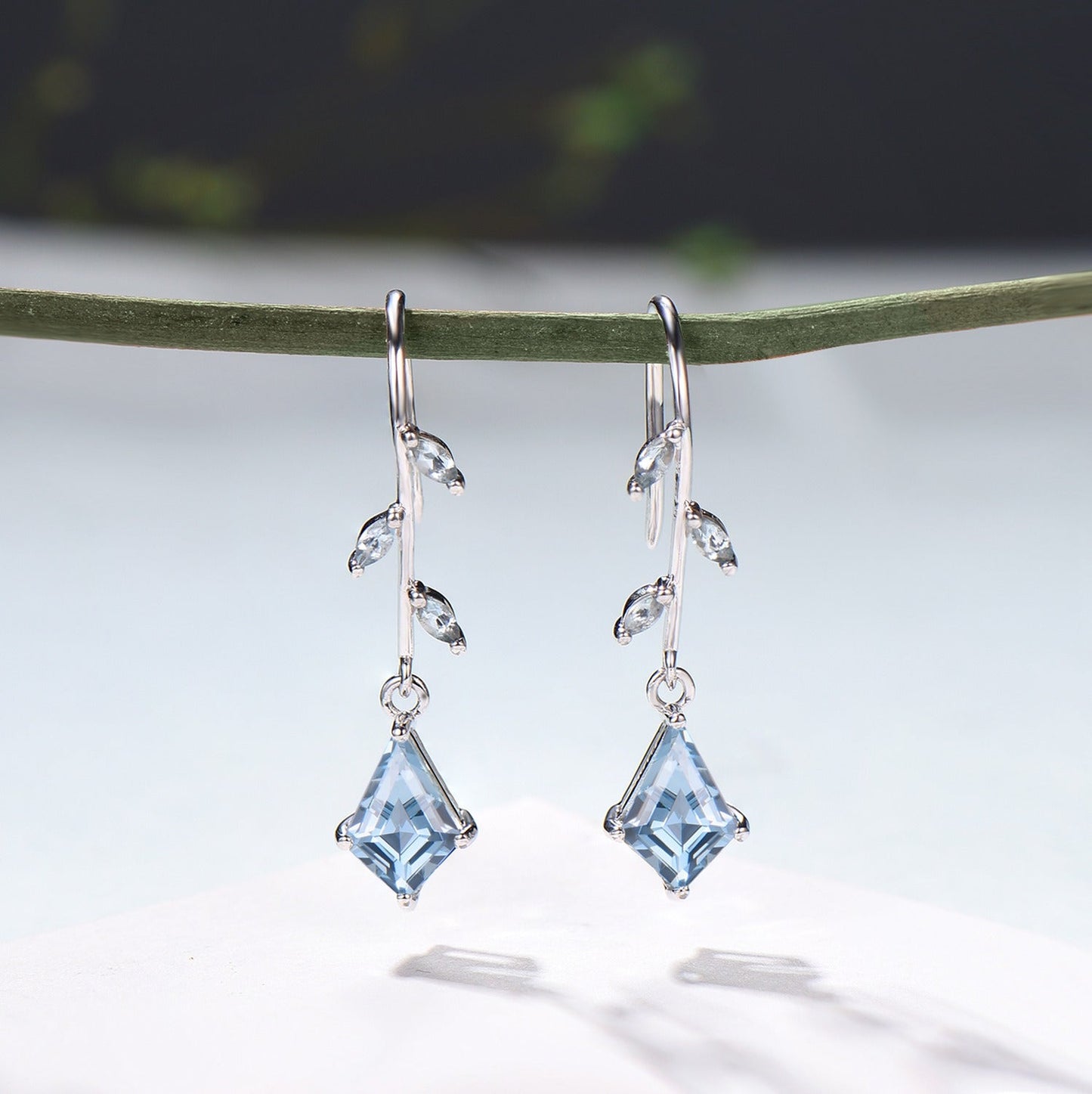 Kite Cut Aquamarine 14k White Gold Earrings, Brnach Vine, March Birthstone