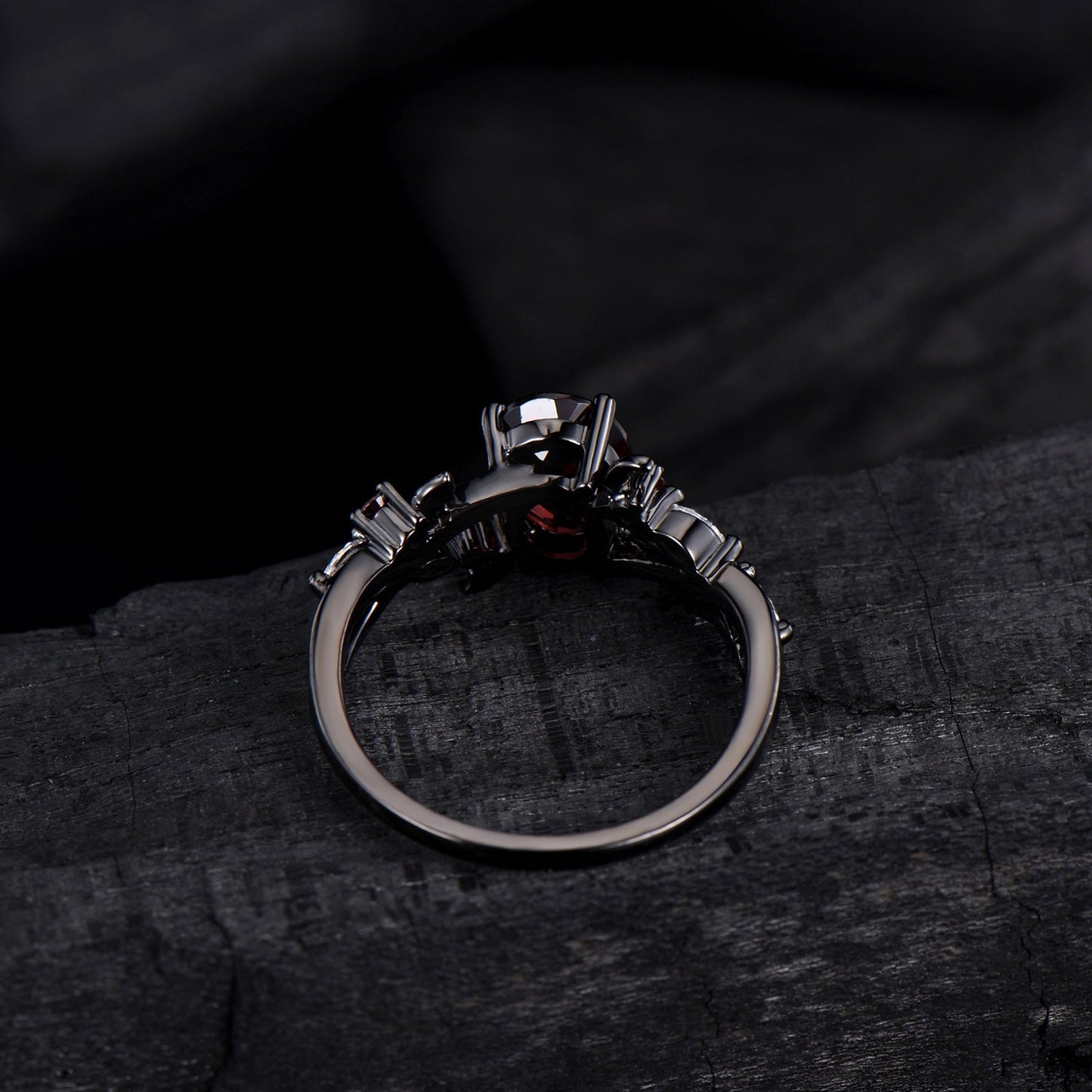 Unique Black Gold Garnet Wedding Ring Natural Inspired Gothic Oval Garnet Engagement Ring Leaves Cluster Moissanite Split Shank Wedding Ring