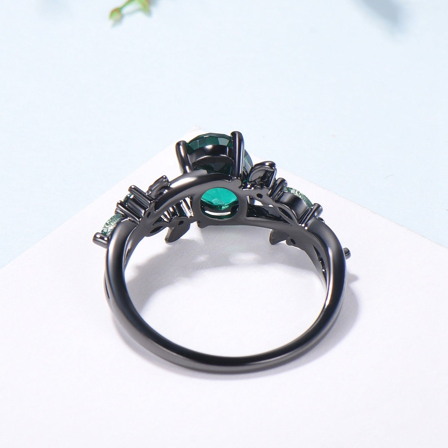 Black Gold Emerald Engagement Ring, Gothic Leaf Ring