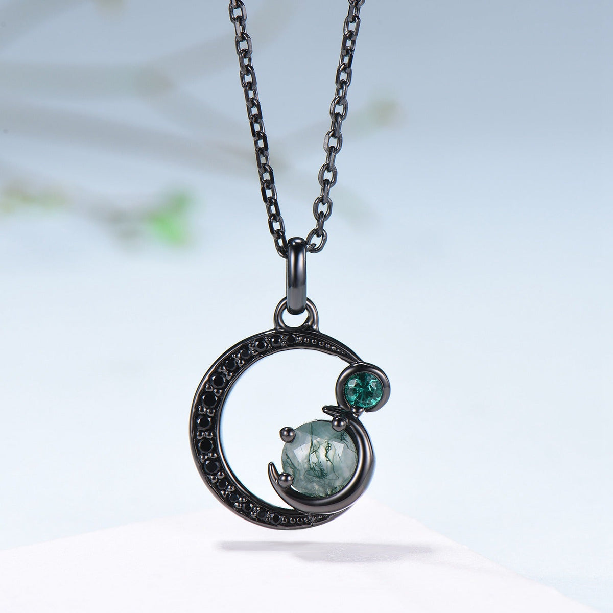 Unique Black Gold Green Moss Agate Necklace Magic Crescent Moon Dainty Agate Pendant Necklace Halloween Gothic Anniversary Gift for Daughter