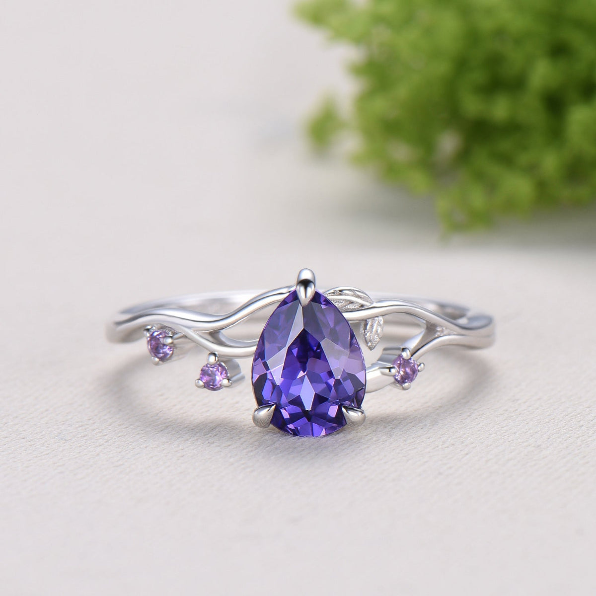 Vintage Pear Shaped Purple Sapphire Engagement Ring, Nature Inspired Leaf Twig Gold Ring, Accent Amethyst Split Shank Anniversary Ring