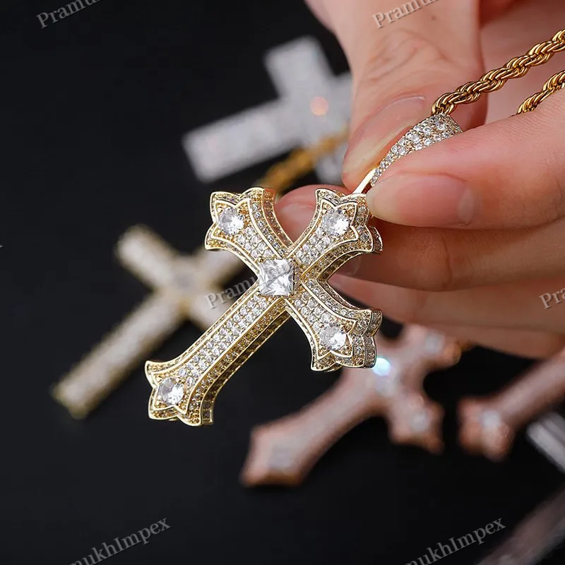 Hip Hop Fully Iced Out Holy Cross Moissanite 925 Silver Necklace