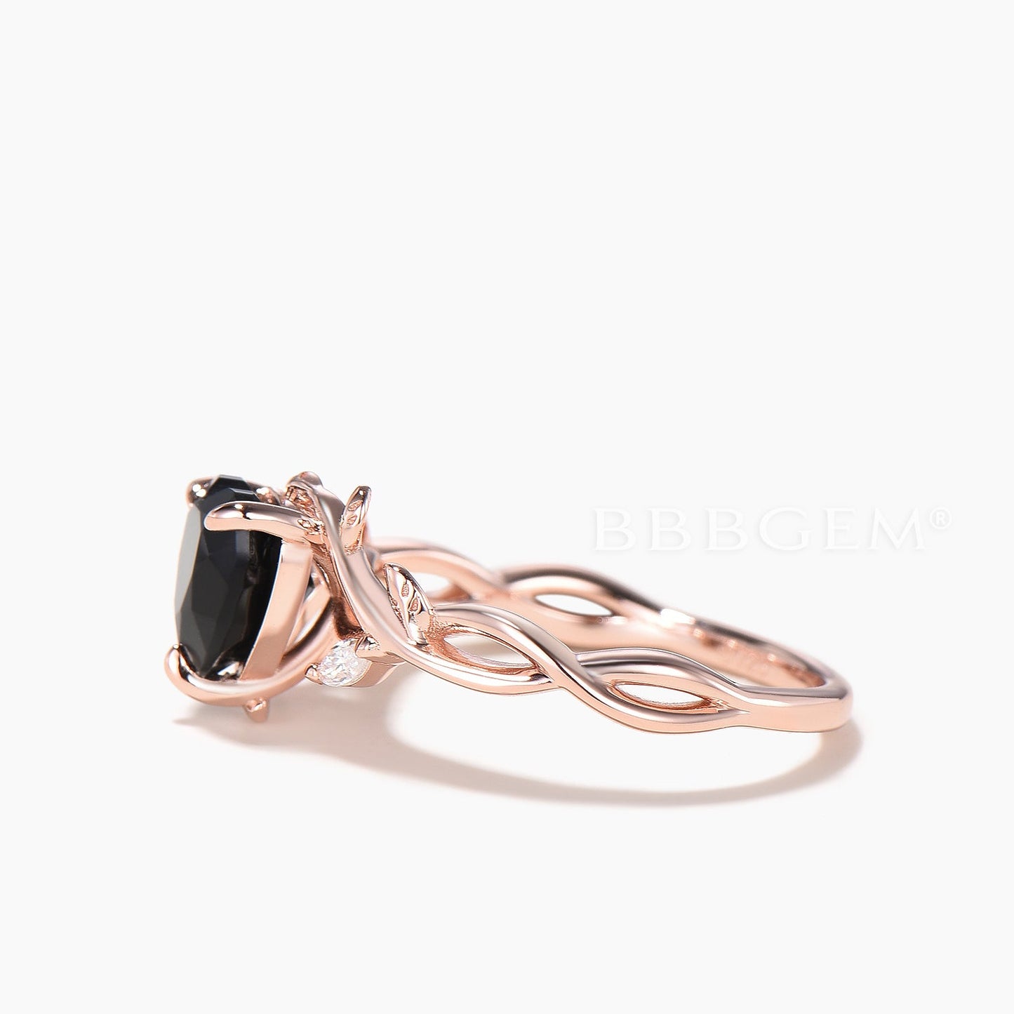 Heart Cut Black Onyx Twisted Engagement Ring Diamond Nature Inspired Ring