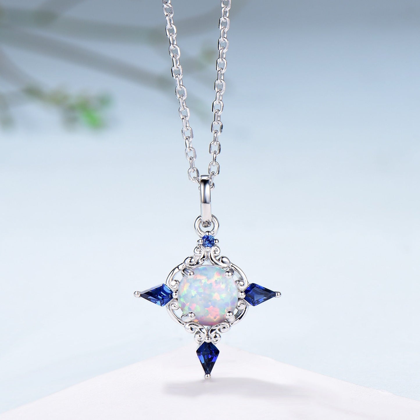 Celtic Knot Opal Pendant Necklace, 14K Rose Gold, Sapphire Accents