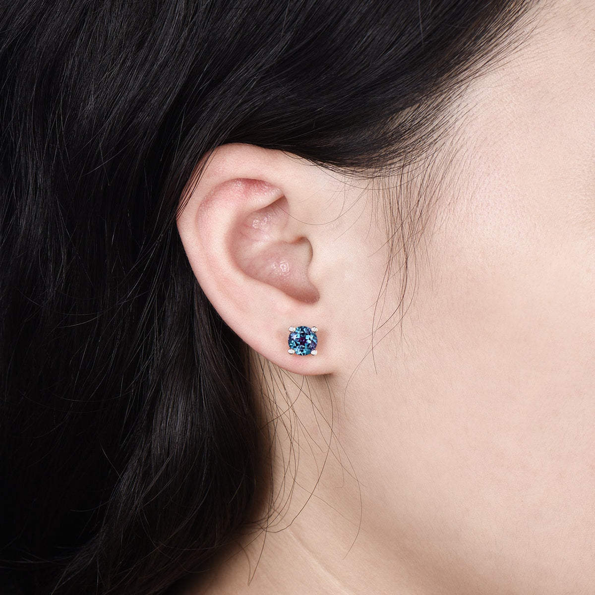 Minimalist Alexandrite Stud Earrings | Round Cut Color Change Stone, June Birthstone