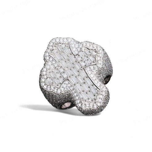 VVS1 Moissanite Sterling Silver Iced Out Baguette Cross Ring For Men's
