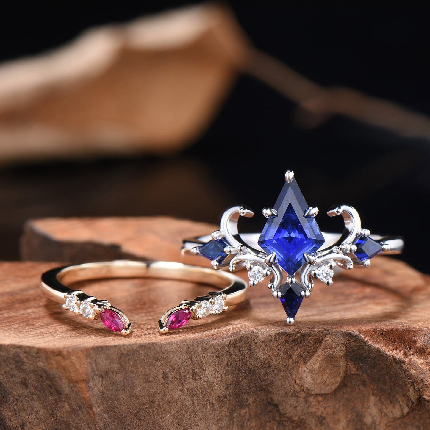 Unique Sapphire Ring Set Vintage Kite Cut Blue Sapphire Engagement Ring Open Gap Ruby Wedding Band Gold Bridal Set Anniversary Promise Gifts