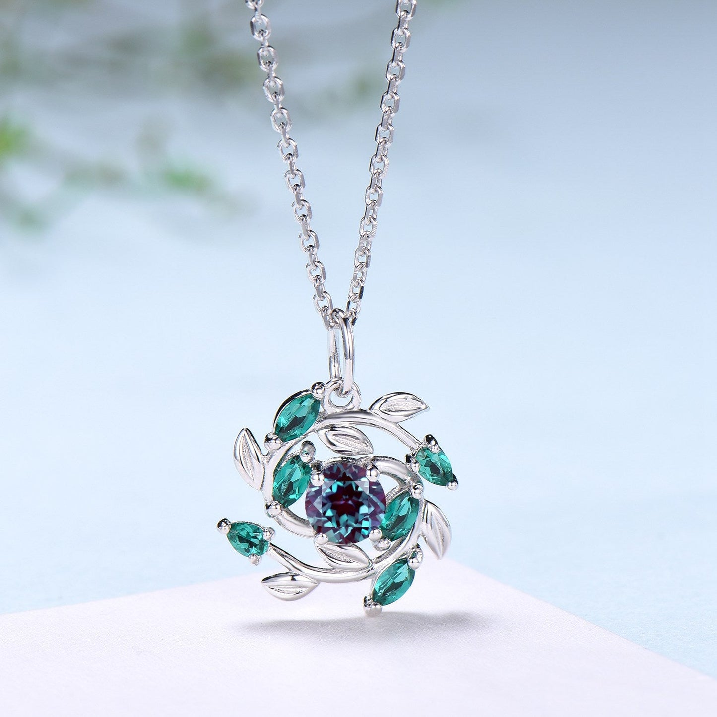 Unique Nature Inspired Alexandrite Necklace Vintage Marquise Pear Emerald Necklace Elegant Snowflake Pendant Anniversary gift for daughter
