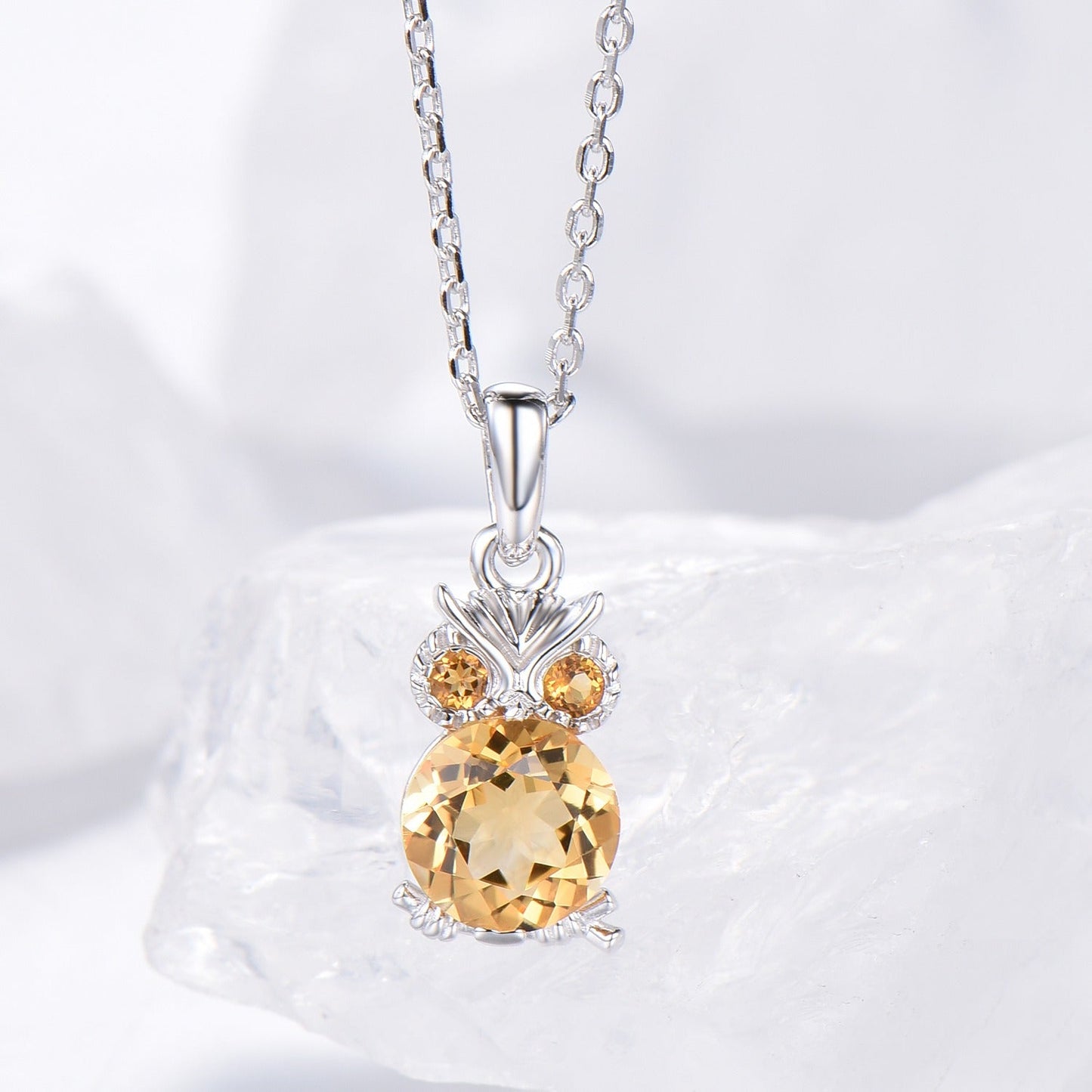 Unique Cute Owl Natural Citrine Wedding Necklace Sterling Silver Yellow Gold Mother's Pendant Animal Inspired Anniversary Gift for Daughter