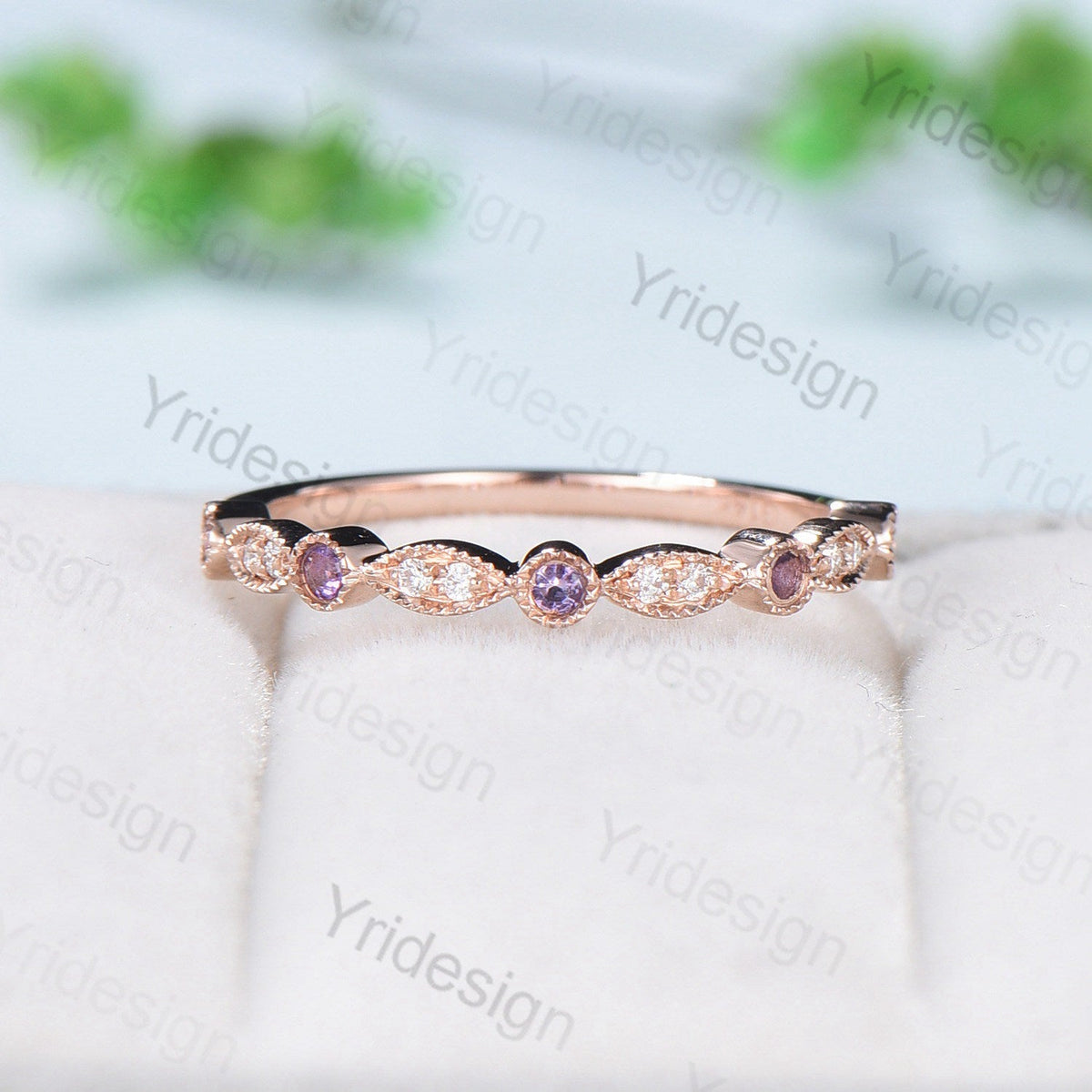Luxe Tiara Half Eternity Amethyst And Diamond Wedding Band- Art Deco