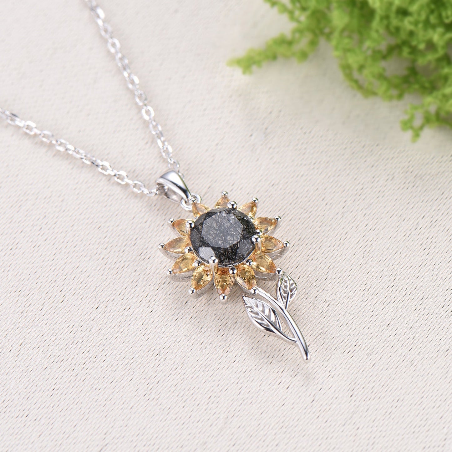 Black Rutilated Quartz Sunflower Necklace, Citrine Halo, 14K Gold Floral Pendant