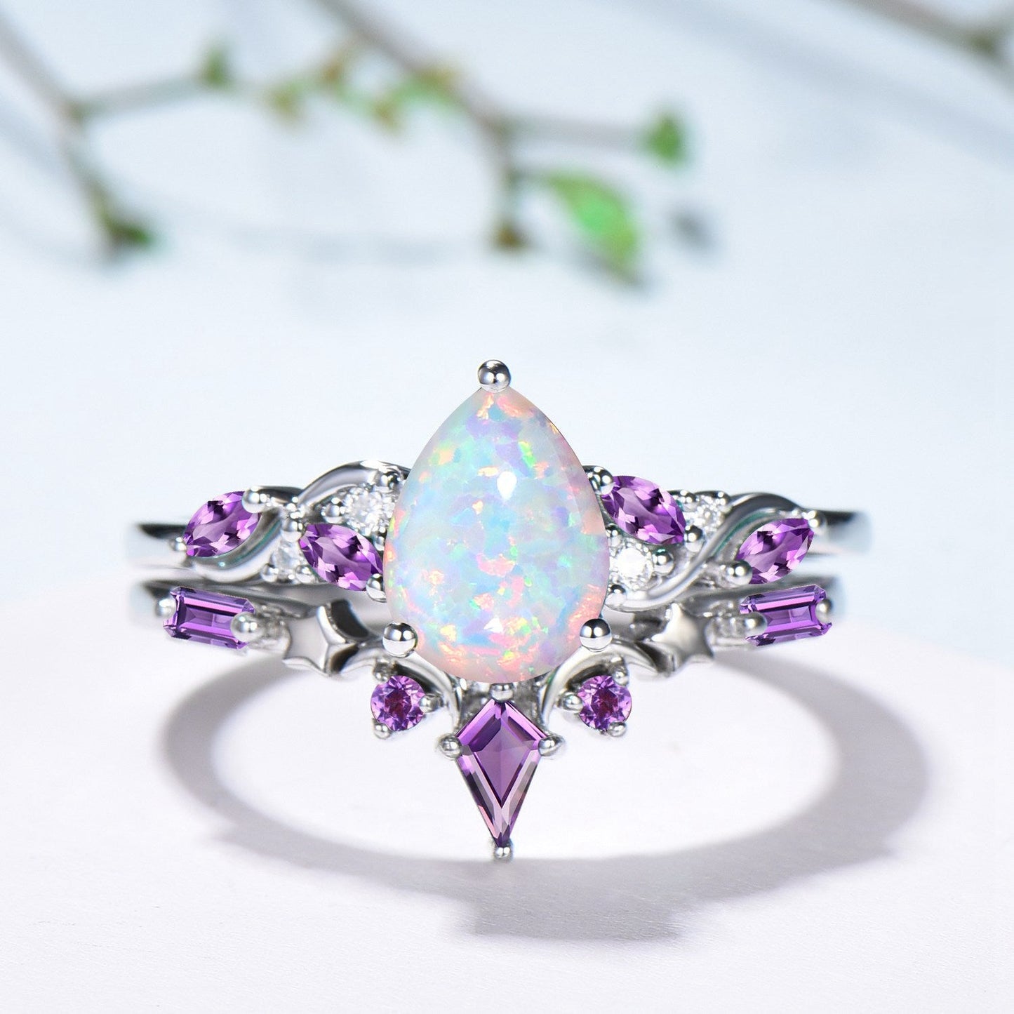 Pear Shaped White Opal Engagement Ring Set: Enchanted Moonlit Opal & Amethyst Set