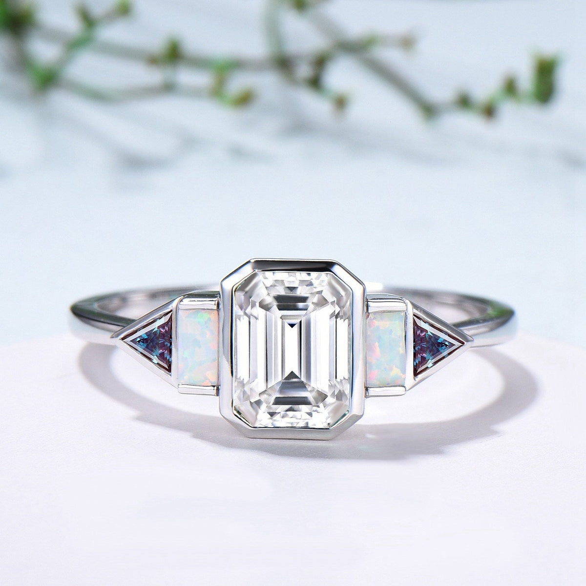 Bezel Set Emerald Cut Moissanite Engagement Ring 14K White Gold Five Stone Baguette Opal &Trillian Alexandrite Wedding Band Anniversary Ring