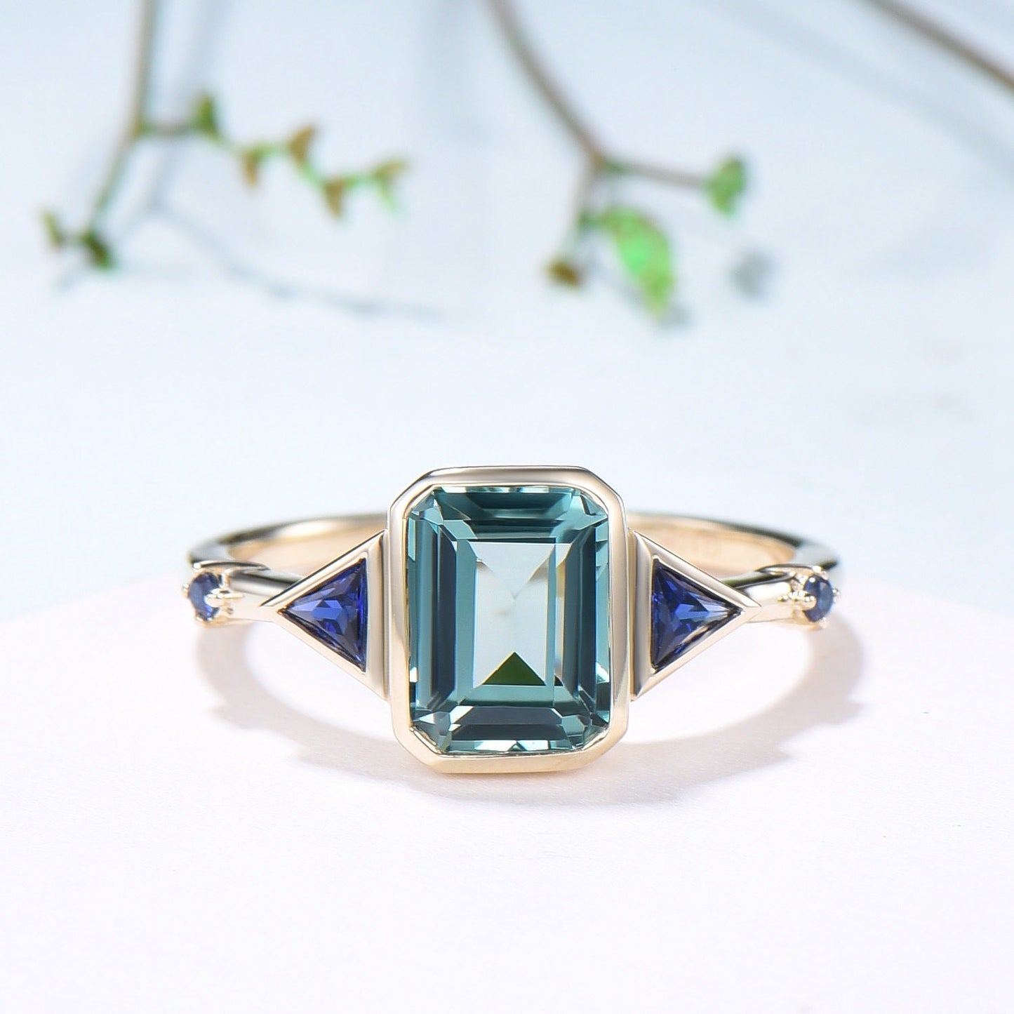 Unique Emerald Cut Green Sapphire Engagement Ring Bezel Set Trillion Blue Sapphire Five Stone Wedding Ring Anniversary Ring Gift for Women