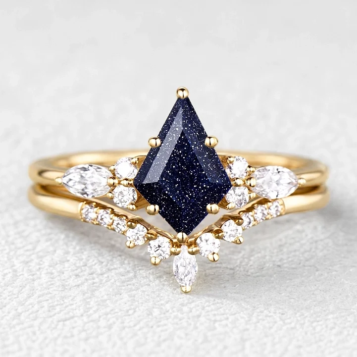 Stella’s Spark | Kite Cut Blue Sandstone & Marquise Moissanite Bridal Set 2pcs