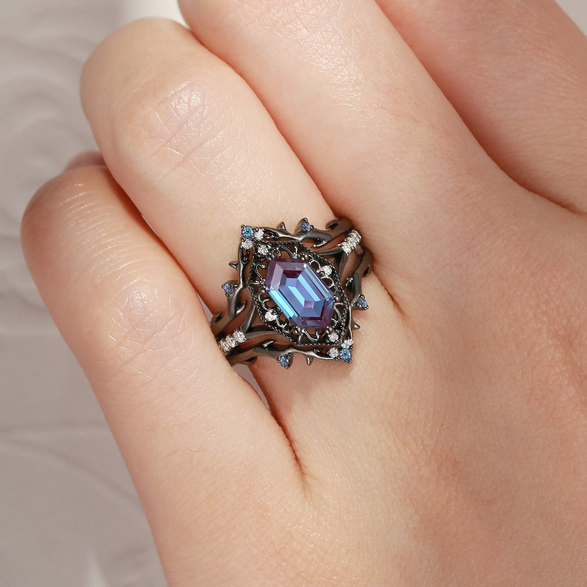 Gothic Inspired Hexagon Cut Lab Alexandrite Vampire Shield Engagement Ring Set 3pcs