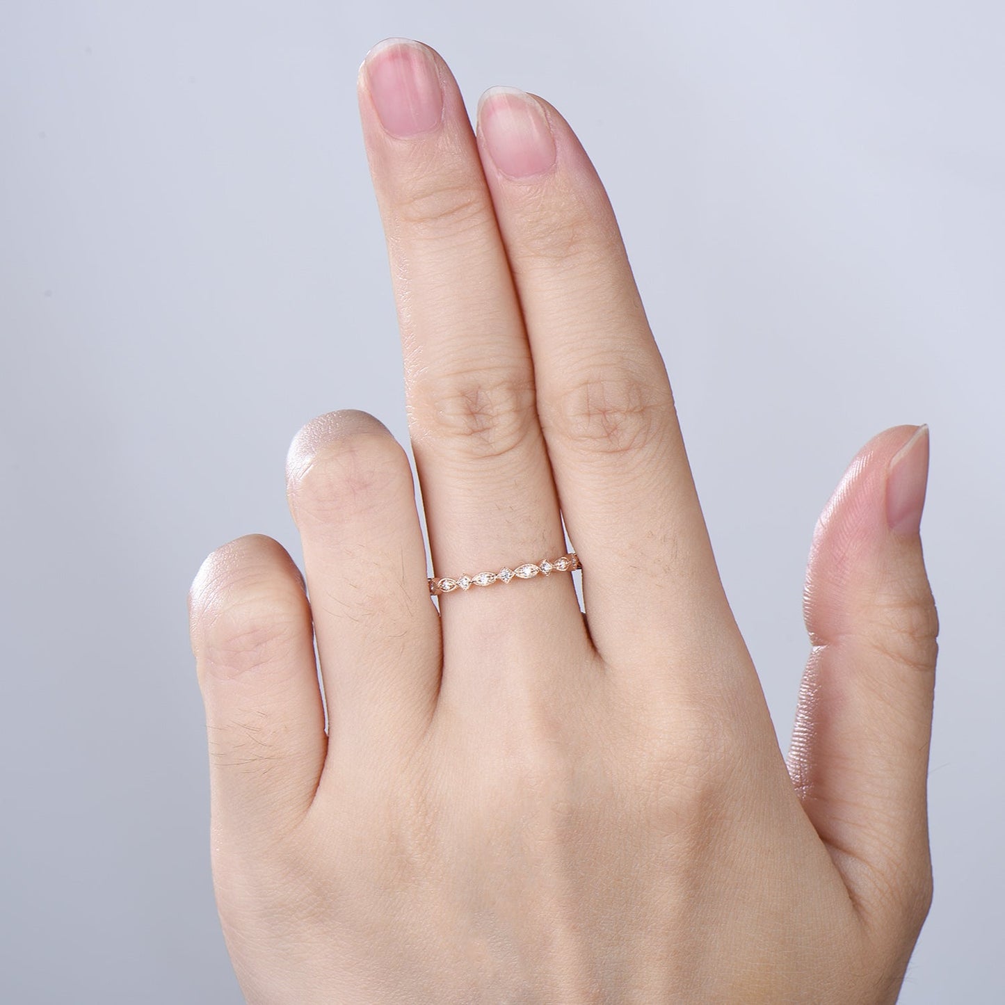 Art Deco Moissanite Diamond Wedding Band, Milgrain Stacking Ring, Vintage Anniversary Gift