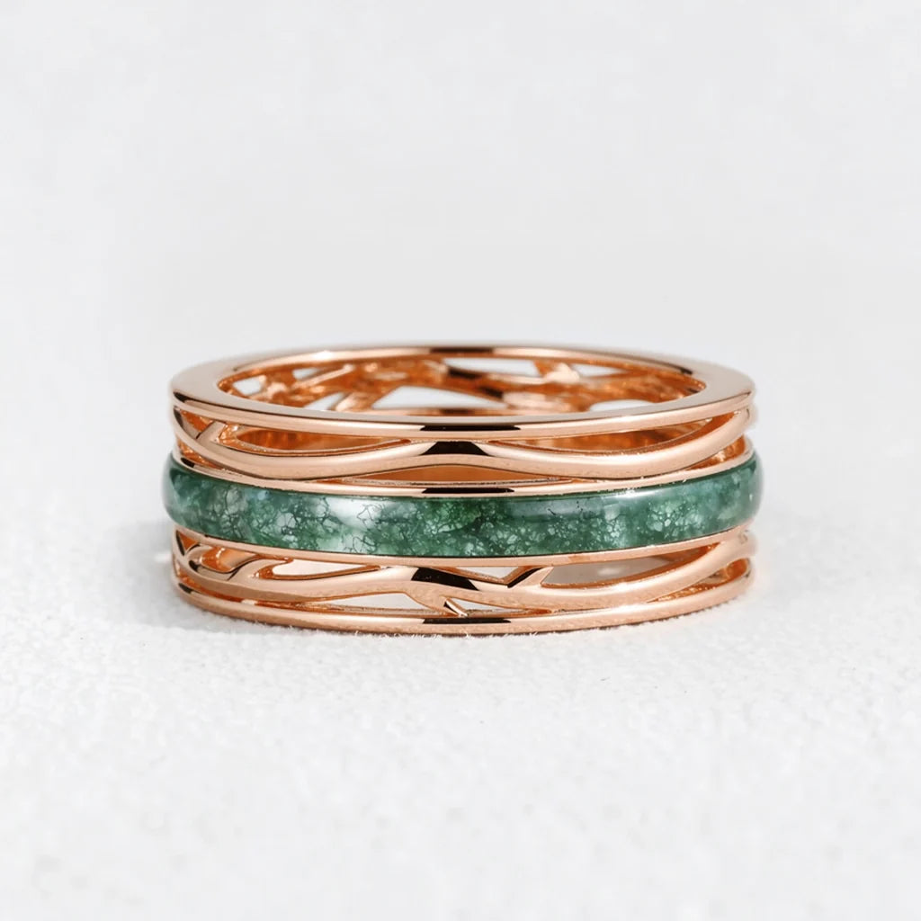 Odin’s Dominion | 8MM Moss Agate Men’s Ring with Openwork Branch Sides