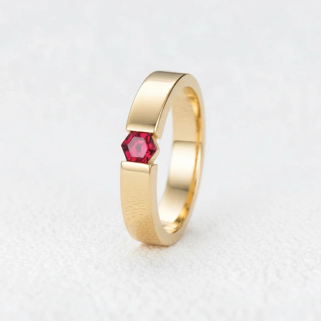 Ruben’s Hexagon | Ruby Tension Set Men's Wedding Band