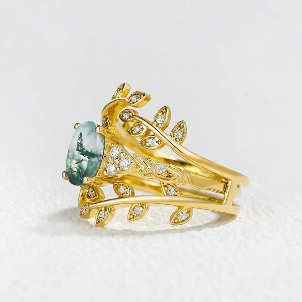 Honorée Moss Agate Leafy Branch Enhancer Ring Set 2pcs