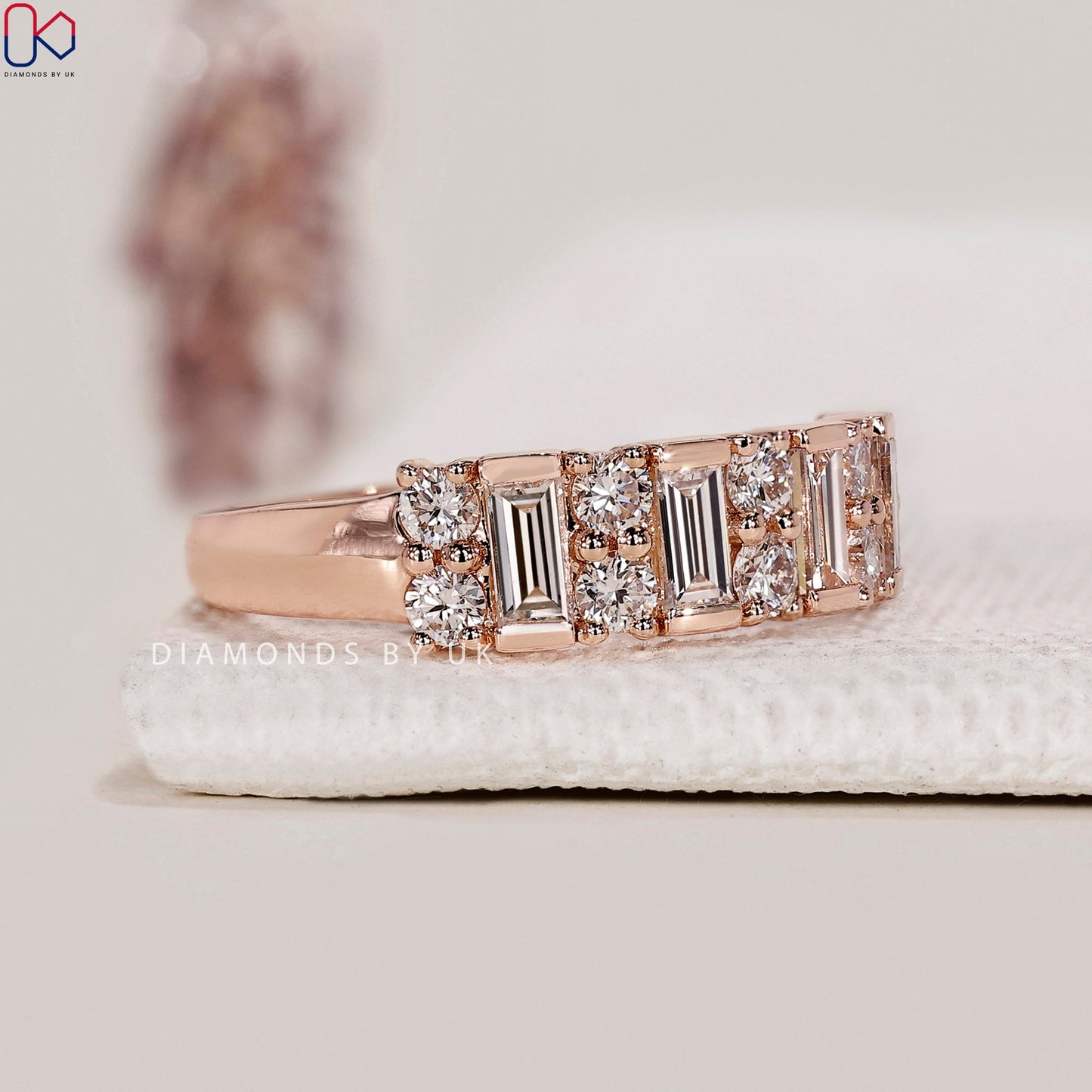 Baguette And Round Diamond Band With Semi Bezel Setting