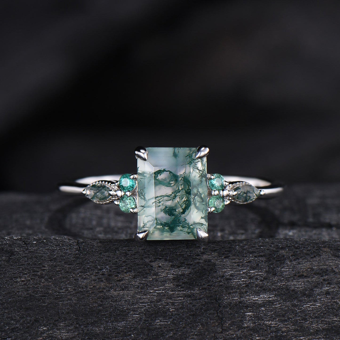 Unique Emerald Cut Natural Moss Agate Engagement Ring Set Seven Stone Green Gemstone Wedding Ring Set 14K Rose Gold Emerald Bridal Set Women