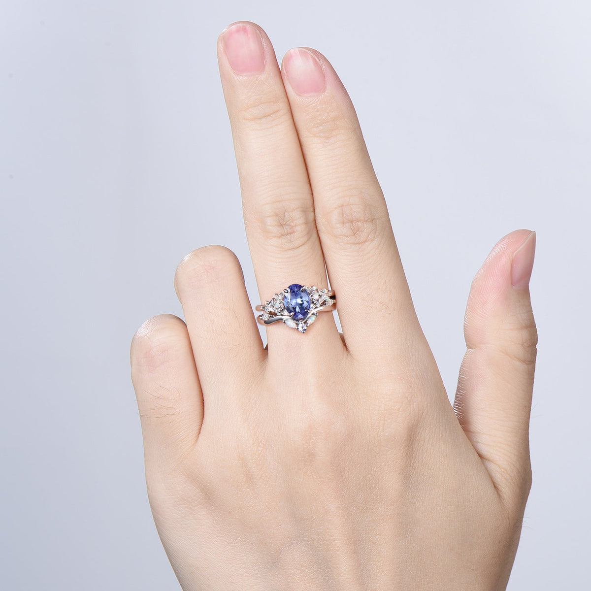 Floral Oval Tanzanite Engagement Ring Set, White Gold Twig Vine Opal Band, Nature Inspired Wedding Bridal Set