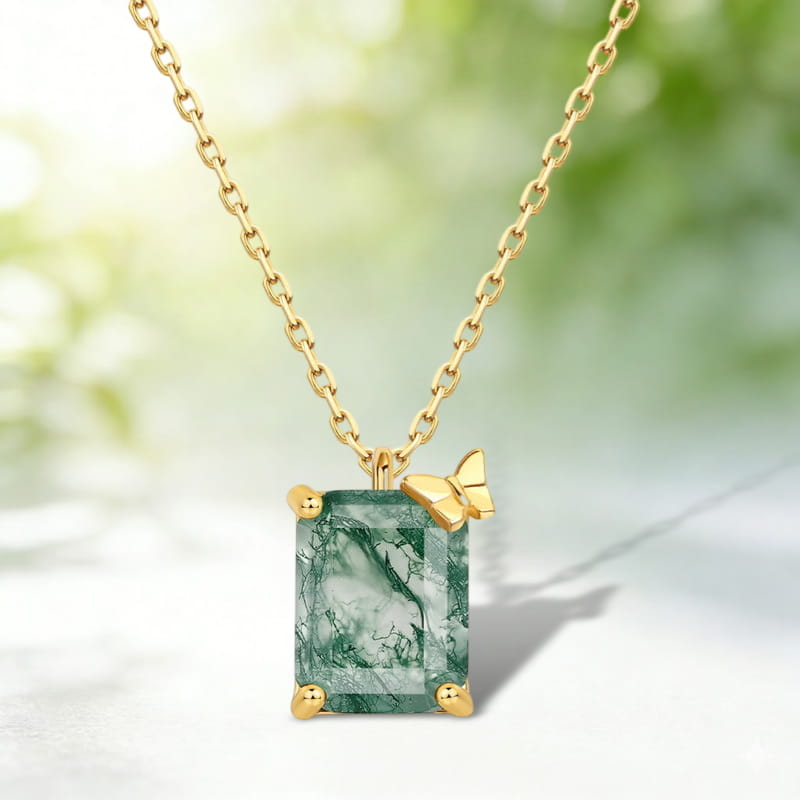 Emerald Cut Moss Agate Butterfly Necklace - 7x9mm Natural Gemstone Pendant