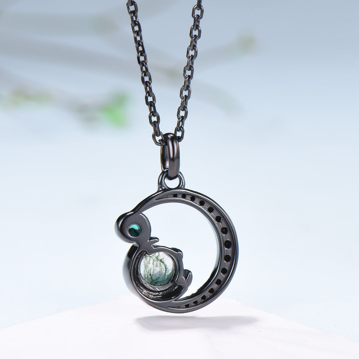 Unique Black Gold Green Moss Agate Necklace Magic Crescent Moon Dainty Agate Pendant Necklace Halloween Gothic Anniversary Gift for Daughter