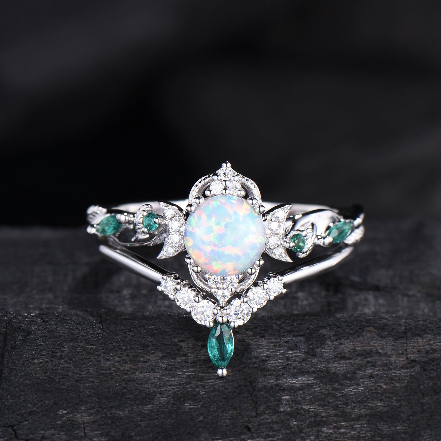 Vintage White Opal Engagement Ring Set Unique Leaves Nature Inspired Emerald Wedding Ring Set Art Deco Green Crystal Moissanite Bridal Set