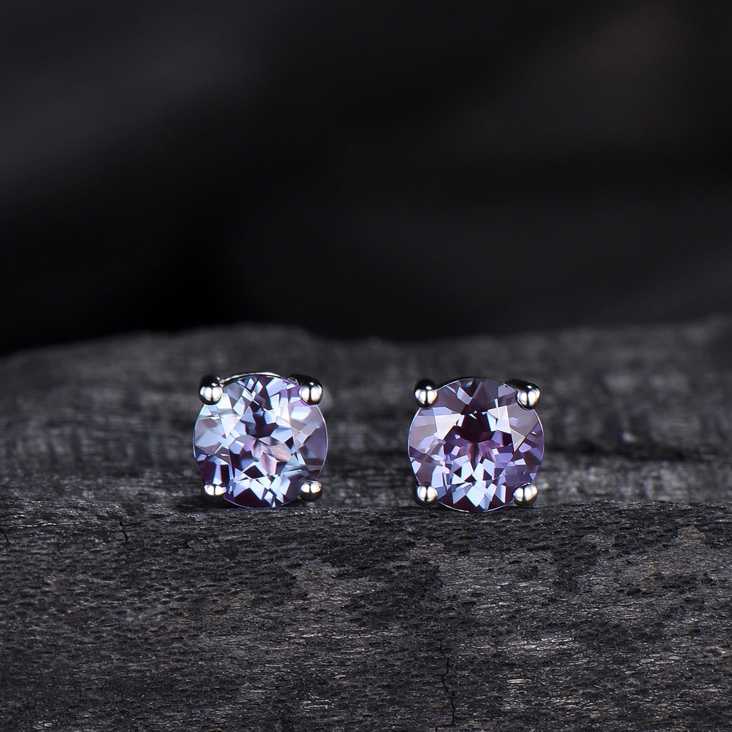 Solitaire Round Cut Alexandrite Stud Earrings Round Prongs