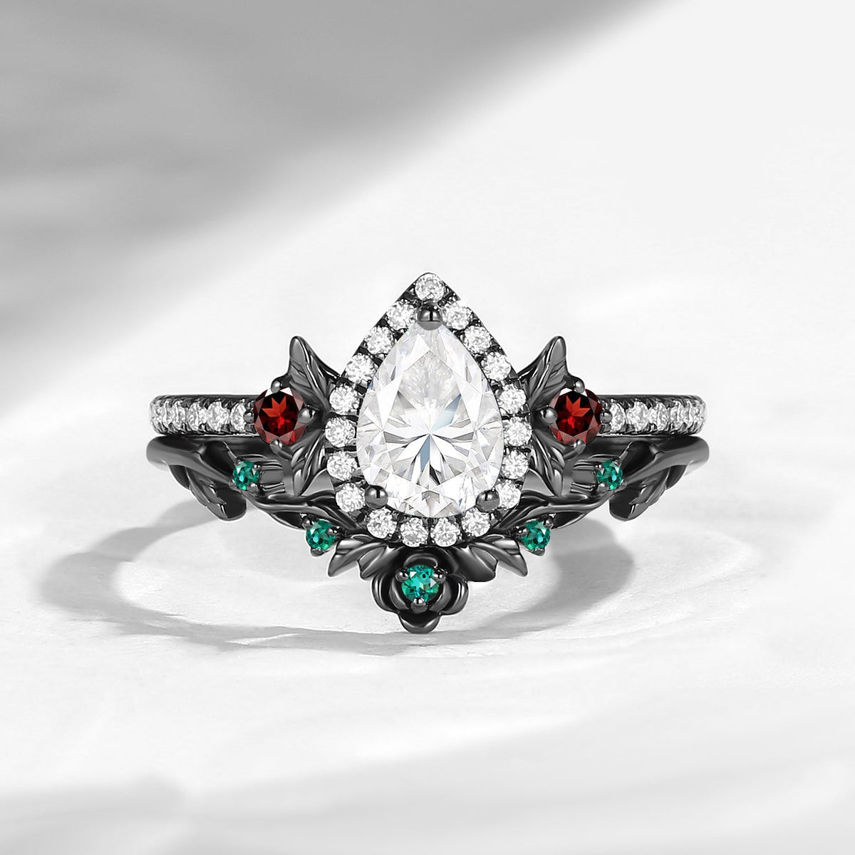 Nature Inspired Pear Cut Moissanite 'Thorns & Roses' Halo Engagement Ring Set 2pcs
