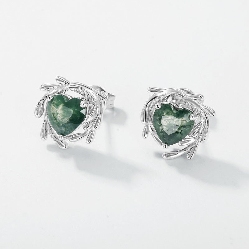 7mm Heart Shaped Moss Agate Engagement Earrings Leaf Flower Nature Inspired Jewelry