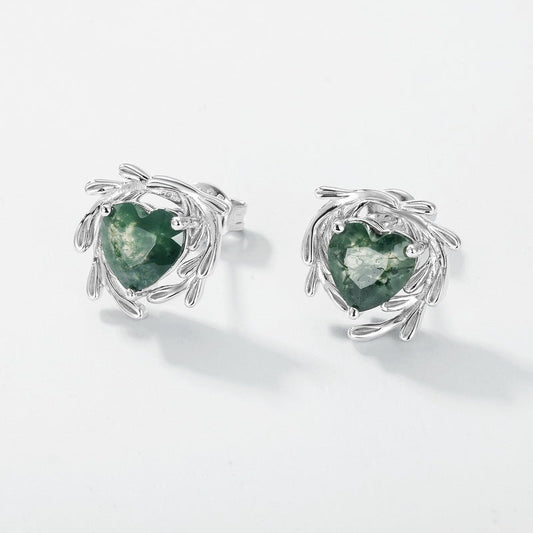 7mm Heart Shaped Moss Agate Engagement Earrings Leaf Flower Nature Inspired Jewelry