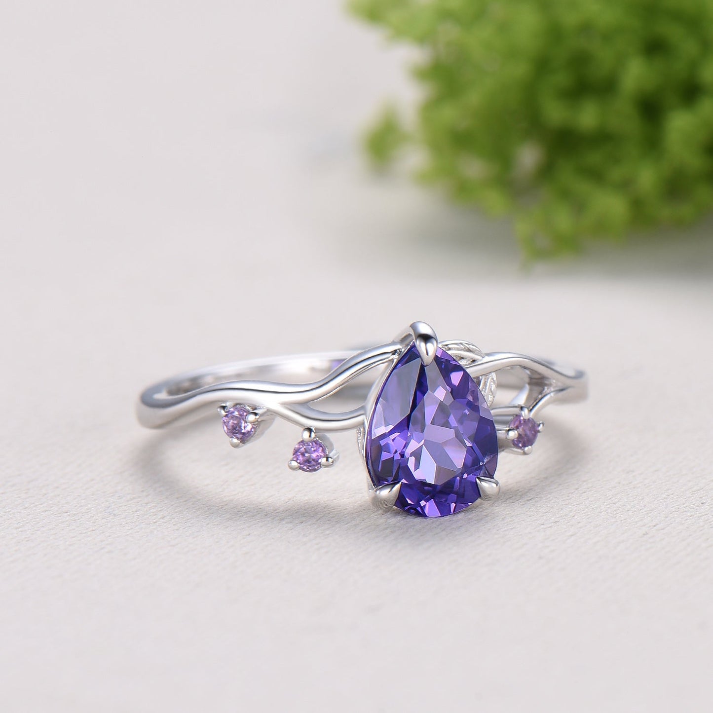 Vintage Pear Shaped Purple Sapphire Engagement Ring, Nature Inspired Leaf Twig Gold Ring, Accent Amethyst Split Shank Anniversary Ring
