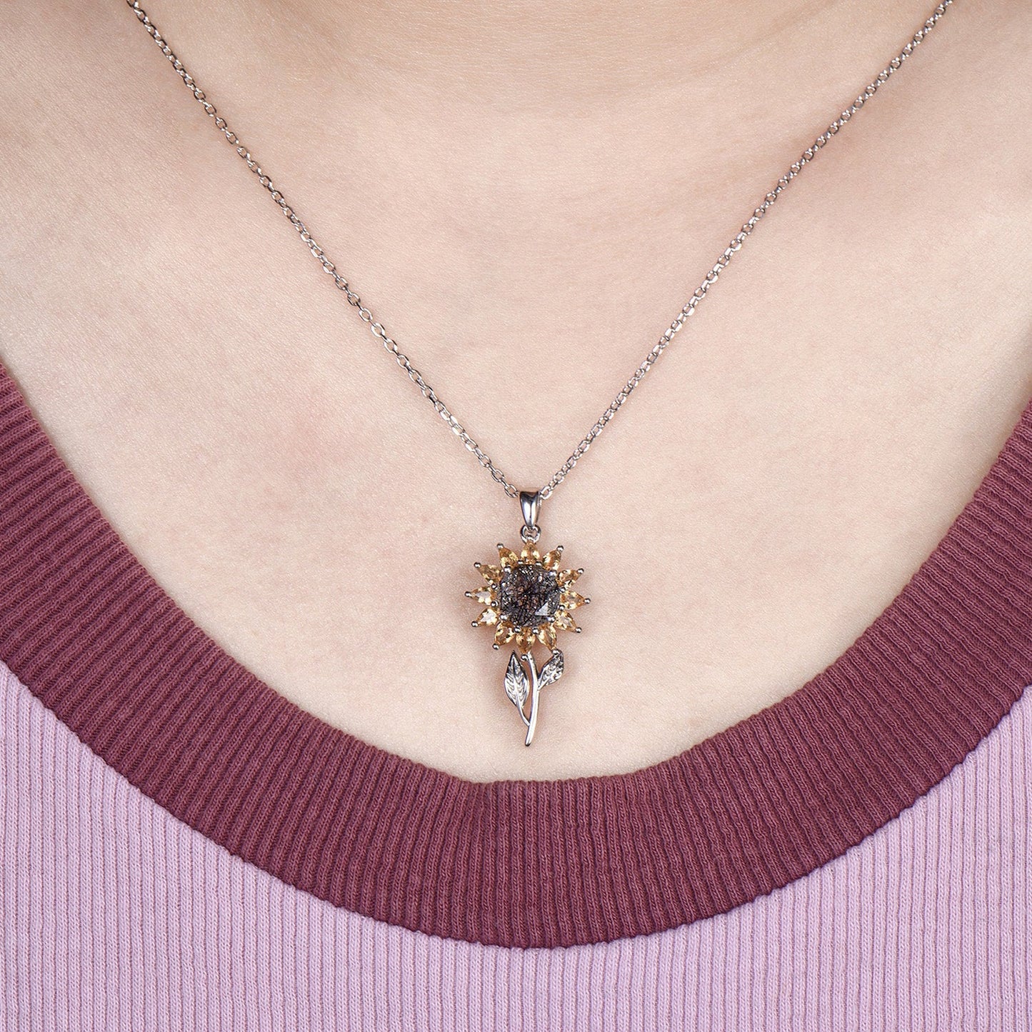 Black Rutilated Quartz Sunflower Necklace, Citrine Halo, 14K Gold Floral Pendant