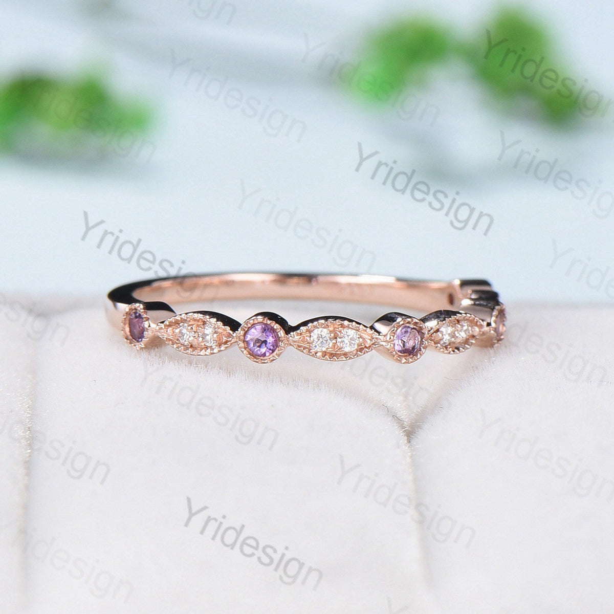 Luxe Tiara Half Eternity Amethyst And Diamond Wedding Band- Art Deco