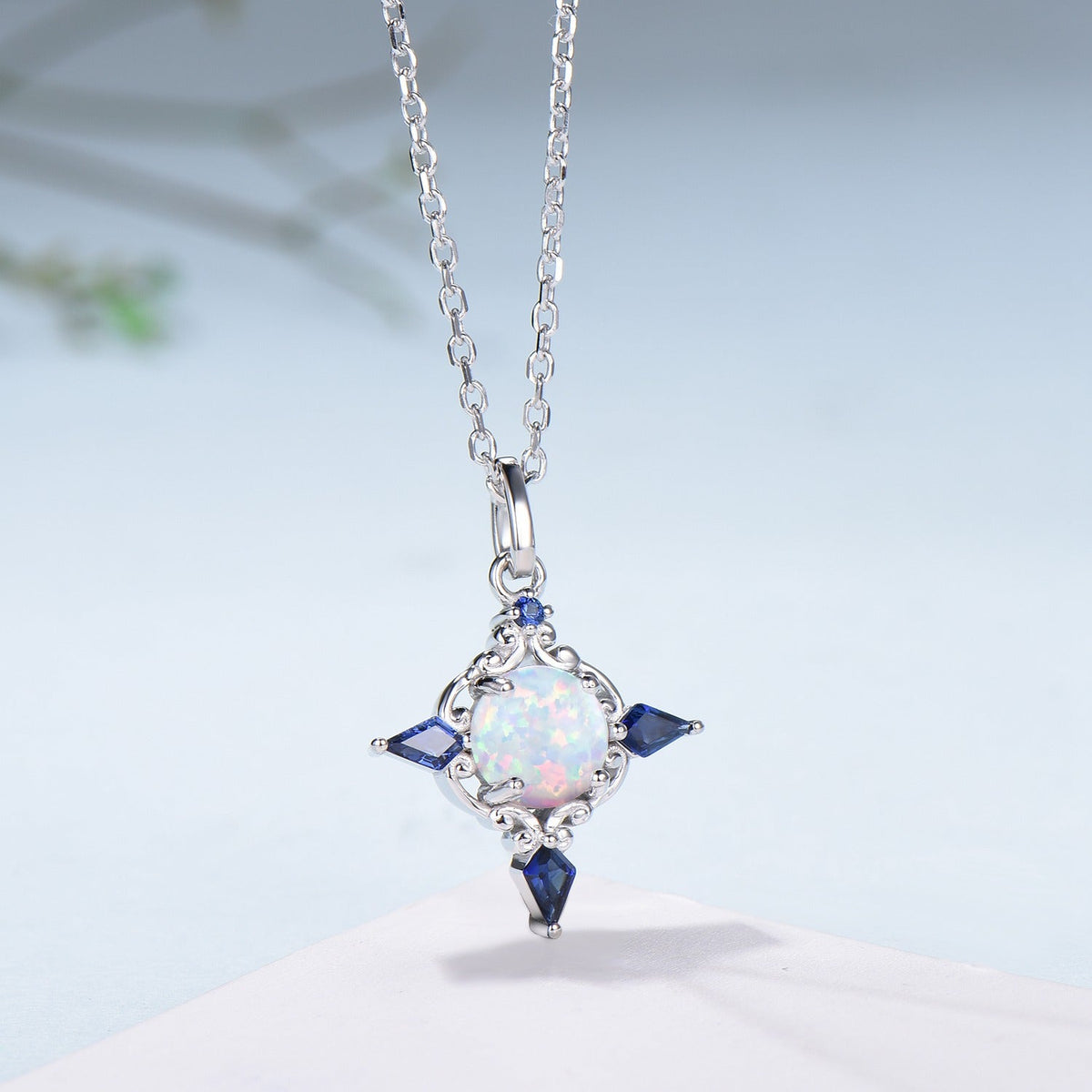 Celtic Knot Opal Pendant Necklace, 14K Rose Gold, Sapphire Accents