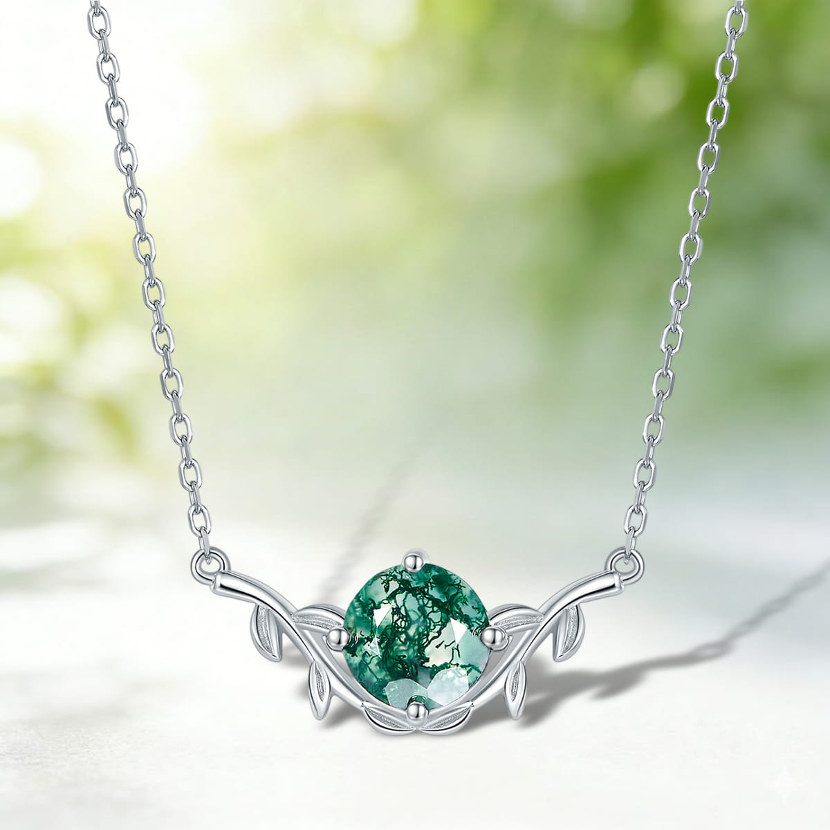 8mm Round Cut Nature Inspired Moss Agate Necklace Leaf Vine Jewelry