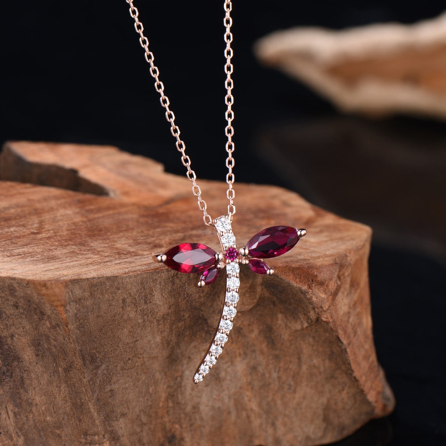 Vintage dragonfly necklace Unique lab red ruby necklace pendant cute silver 14k rose gold July birthstone pendant handmade proposal gifts